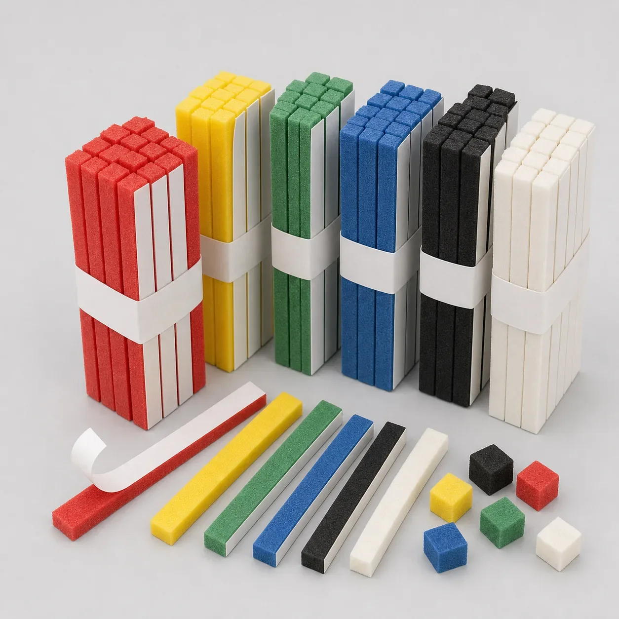 Adhesive foam strips and blocks in assorted colors for garment template positioning