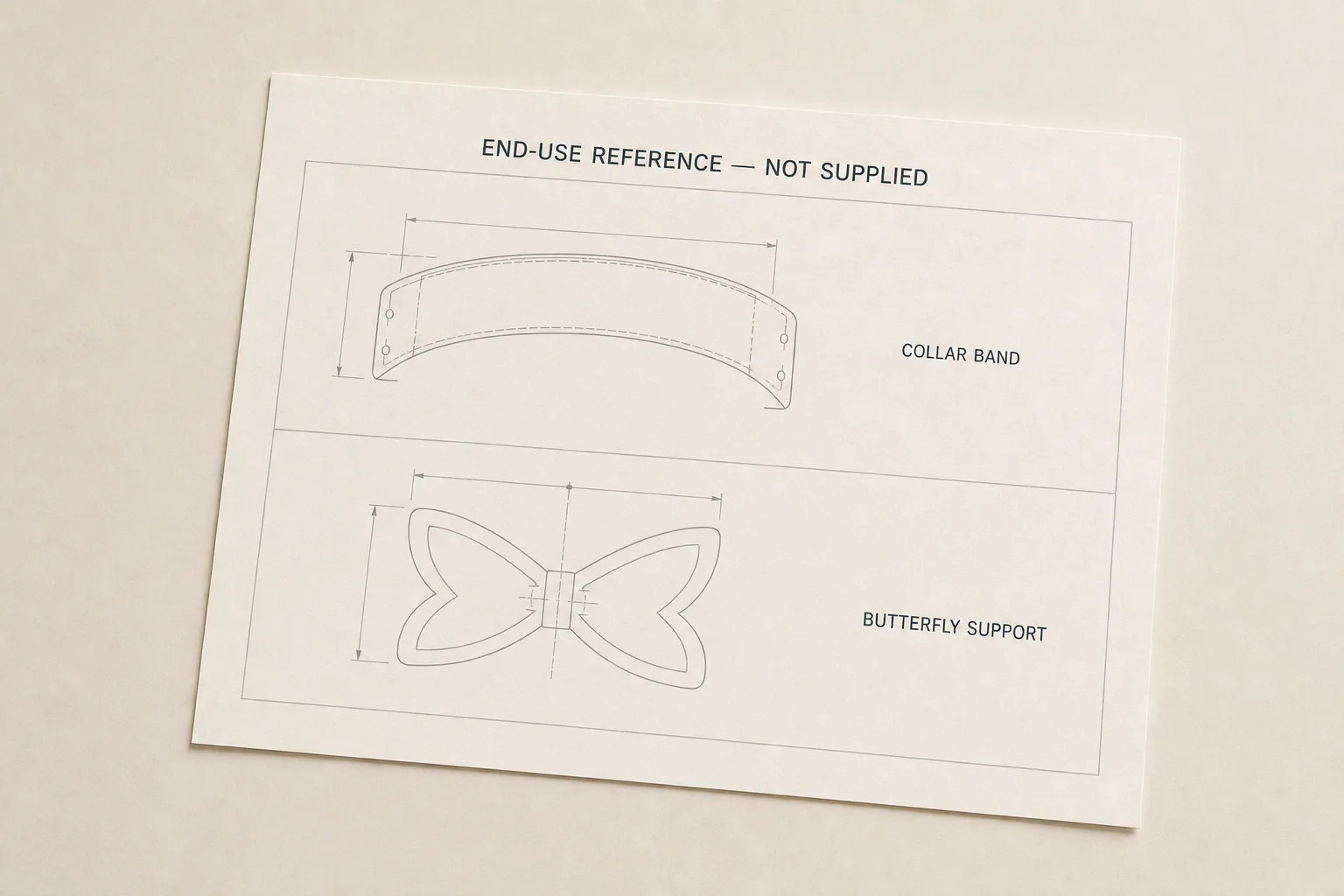 Technical end-use reference drawing of a shirt collar band and butterfly support; these finished parts are not supplied