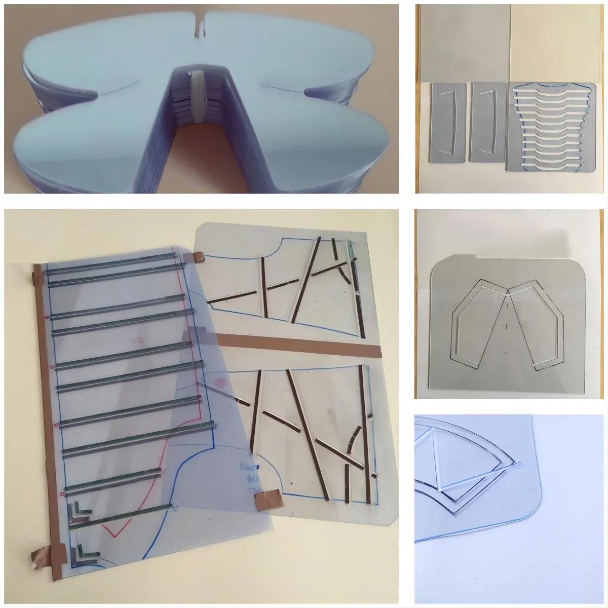 Cut PVC garment templates for collars, cuffs and sewing guides