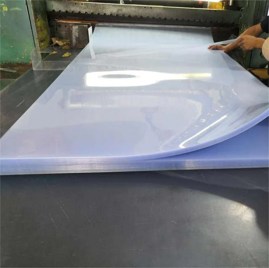 Transparent PVC garment template sheet leaving a production line