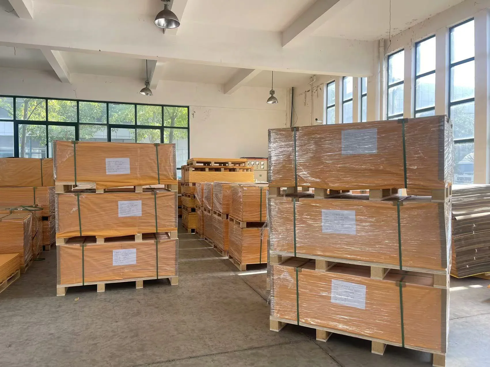 Plywood-cased pallets of template materials ready for export at our Changzhou facility
